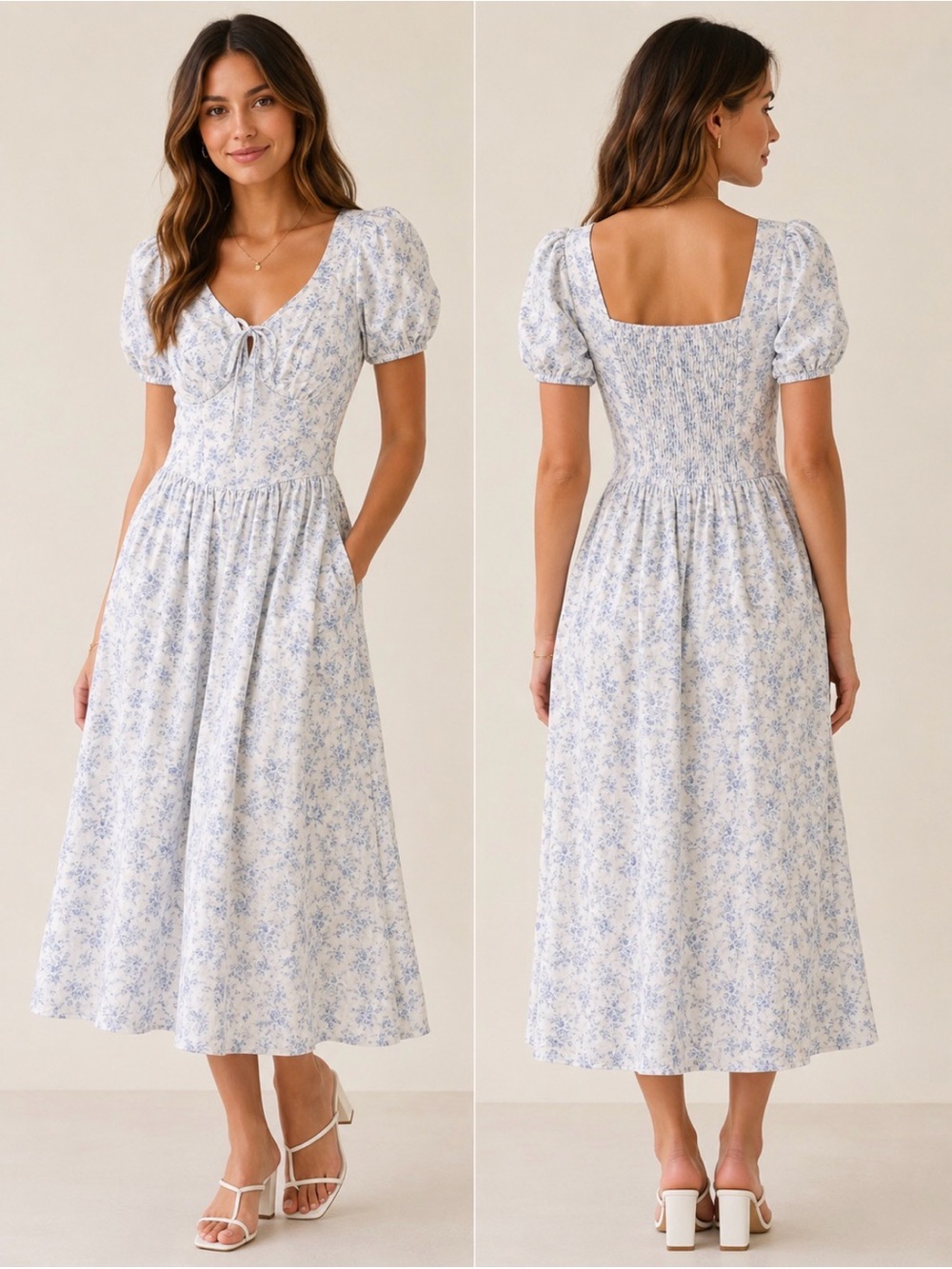 Floral Puff-Sleeve Midi Dress in Light Blue